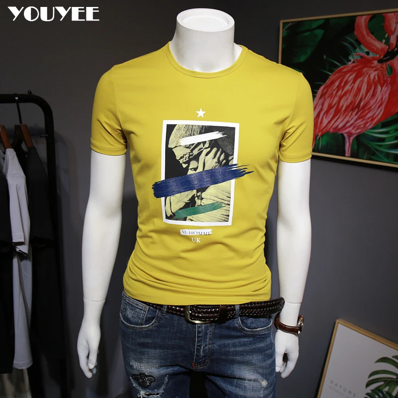 

Men's Yellow Short Sleeve T-shirt 2021 Summer New Printed Cotton Slim High-Quality Comfortable Trend Half Sleeve Male Top
