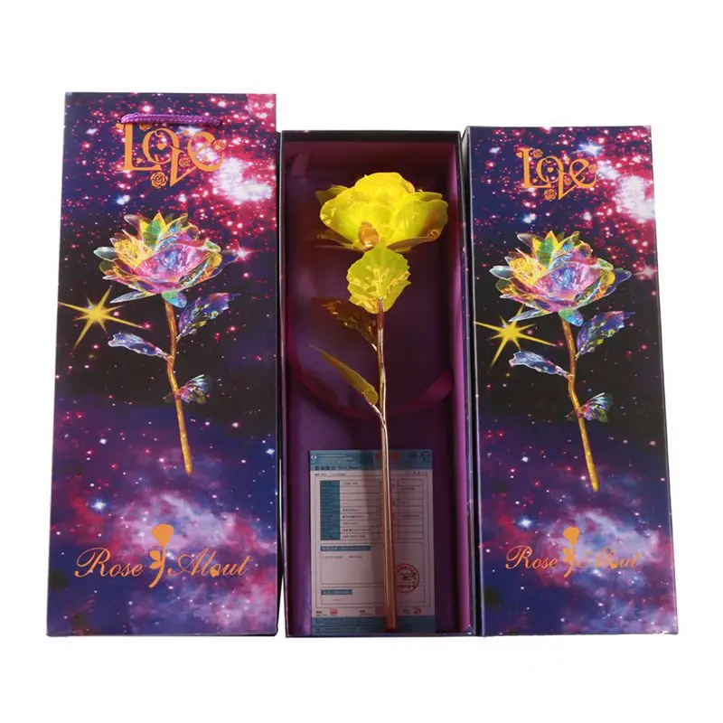 yellow purple box День Святого Валентина роза 24K алюминиевая фольга позолоченная роза любовь подарок свадебный Декор цветок праздничный подарок на Рождество длится навсегда любовь - Цвет: yellow purple box