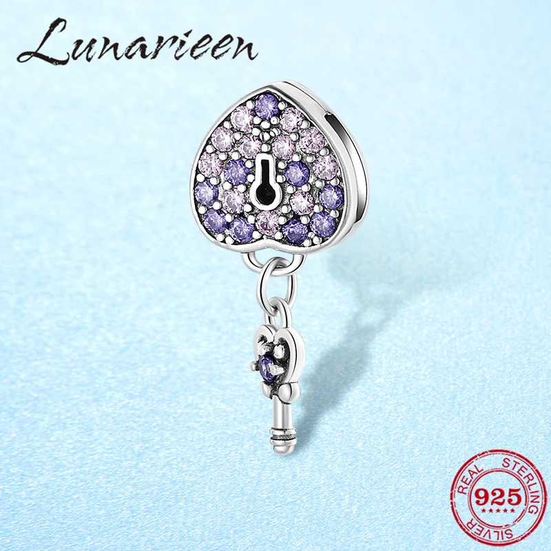 

New 925 Sterling Silver Shiny Elegance Purple Zircon Heart Key Clip Beads Pendant Fit Original Reflection Charm Bracelet Jewelry