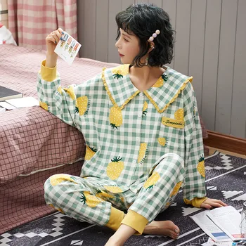 

2020 Winter Pajamas for Women Cartoon Print Plus Size Casual Sleepwear Female Turn Down Collar with Buttons Loose Nightwear