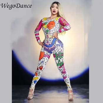 

Women Clothing Cartoon Doodle Jumpsuit Outfit Singer Performance Party Wear Dance Stage Costume Bodysuit Prom Show Leggings