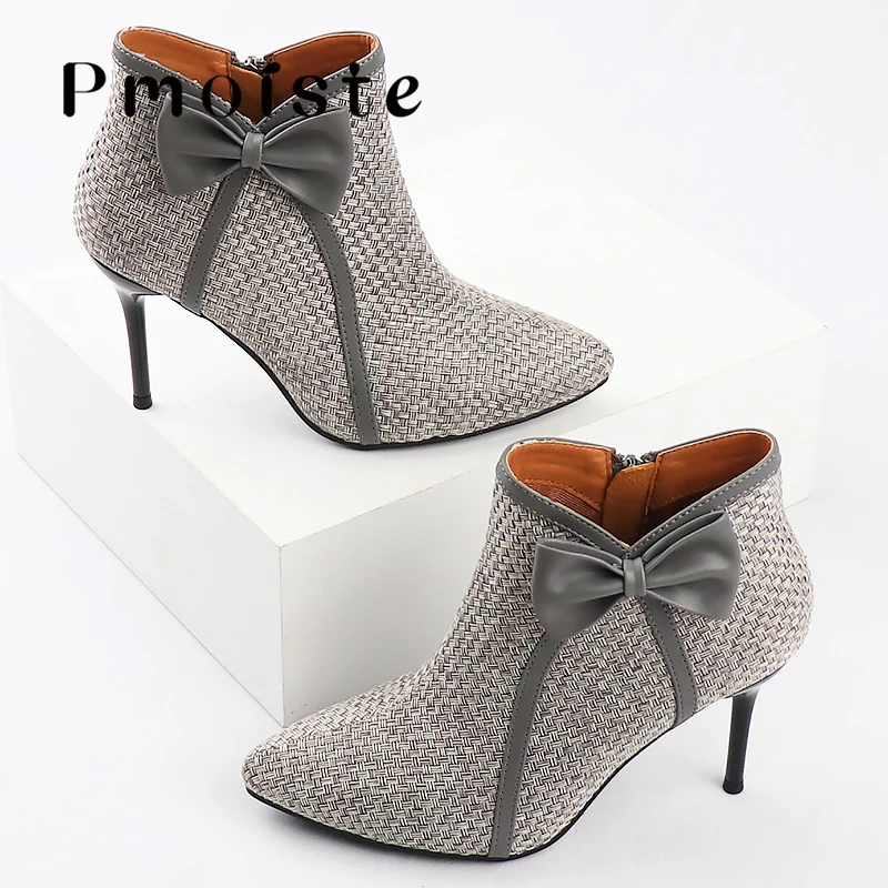 Women Ankle Boots 2021 New Fashion Woven Bow Ladies Shoes Thin High Heels Female Spring Autumn Zipper Blue Black Gray