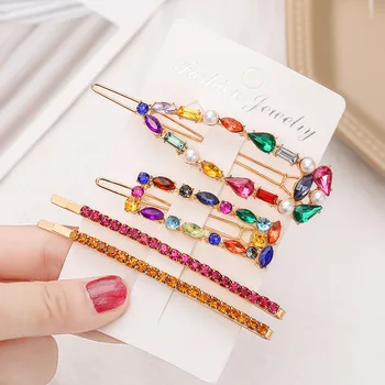 

Korea Shiny Crystal Hairpins Women Geometric Rectangle Waterdrop Colorful Rhinestones Hair Clips for Girls Hair Accessories
