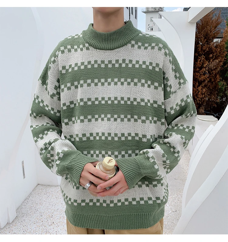 Winter New High Collar Sweater Men Warm Fashion Contrast Color Casual Knit Pullover Male Clothes Loose Long Sleeve Sweater Men