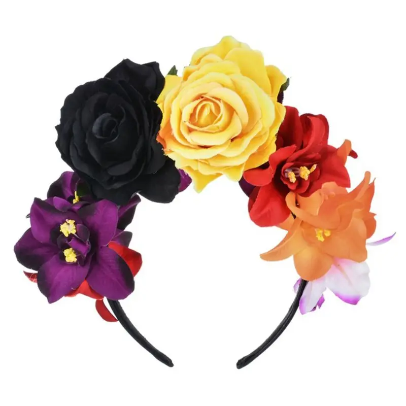 large hair clip Womens Mexican Simulated Rose Flower Crown Headband Day of The Dead Halloween Headpiece Colorful Fake Stamen Party Hair Hoop best hair clips
