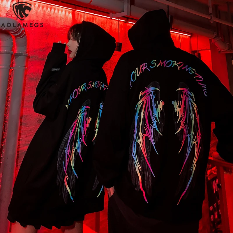 Aolamegs Hip Hop Hoodie Men Reflective Printed Streetwear Hooded Pullover Men Autumn Casual Loose High Street Couple Sweatshirt Aolamegs Hip Hop Hoodie Men Reflective Printed Streetwear Hooded Pullover Men Autumn Casual Loose High Street Couple Sweatshirt