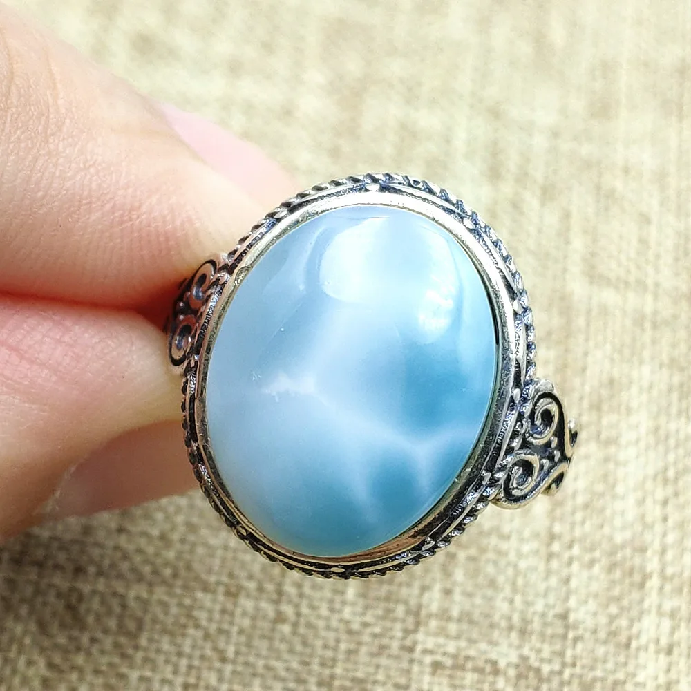 Top Natural Blue Larimar Adjustable Size Ring Jewelry 925 Solid Silver Woman Love Gift 15x12mm Crystal Ring AAAAA