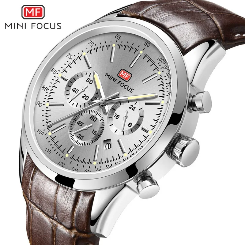 

Mini FOCUS Speed Measurement Men's Watch Analog Stopwatch Calendar Night Light Waterproof Leather Watch Strap 0116G