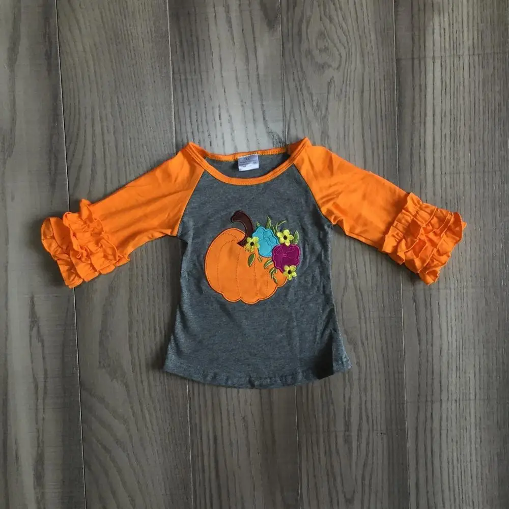 

children girls Halloween raglans Girls pumpkin raglans with orange ruffled sleeve girls boutique cotton top