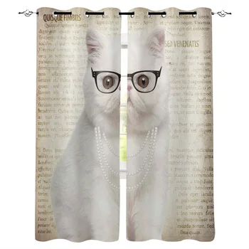 

White Cat With Glasses Window Curtains LivingRoom Kitchen Curtains Left and Right Biparting Open