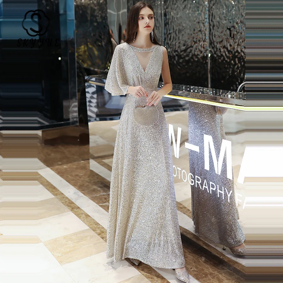 

Skyyue Formal Dress 2019 O-neck Half-sleeve Robe De Soiree Floor Length Eleagnt Formal Dresses K006 A-line Sequin Evening Gowns