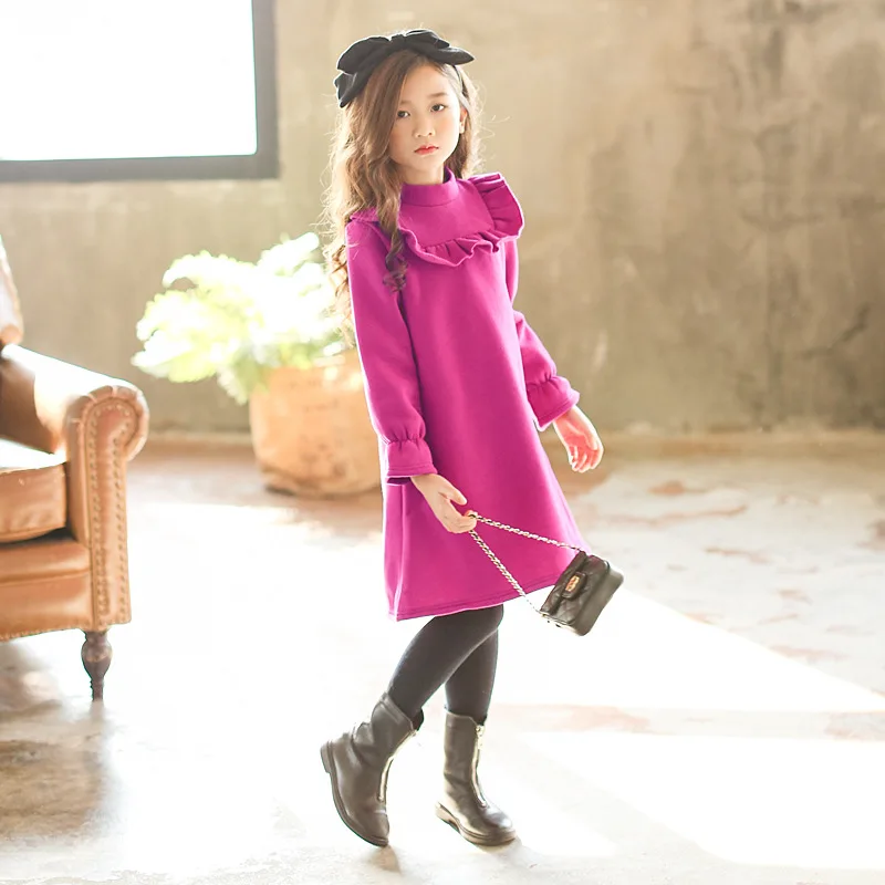 Зимнее платье для девочек, новинка года, Осеннее теплое плотное розовое платье в стиле лотереи, модная Корейская одежда с длинными рукавами для подростков, школьная одежда для детей 4-15 лет