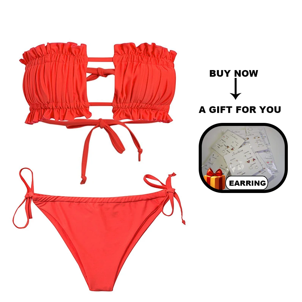 

Summer Micro Bandeau Bikini Set Folds Texture Women Swimwear 2019 Bandage Bathing Suits Two-piece Tube Top Thong