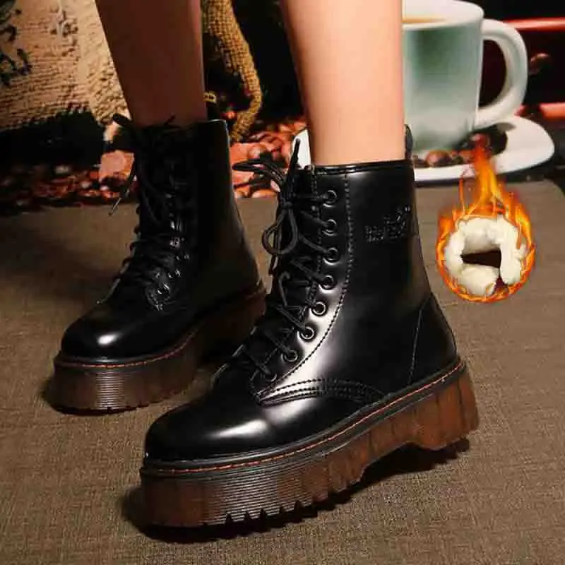 Г., женские зимние ботинки классические черные кожаные Теплые ботильоны на меху обувь на низком каблуке женские ботинки - Цвет: BlackFur