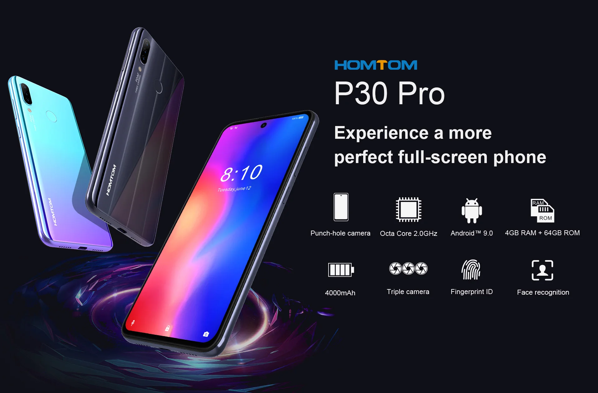 HOMTOM P30 Pro 6,41 дюймов Android 9,0 мобильный телефон MT6763 Восьмиядерный 4 Гб 64 Гб задняя 13 МП Тройная камера смартфон