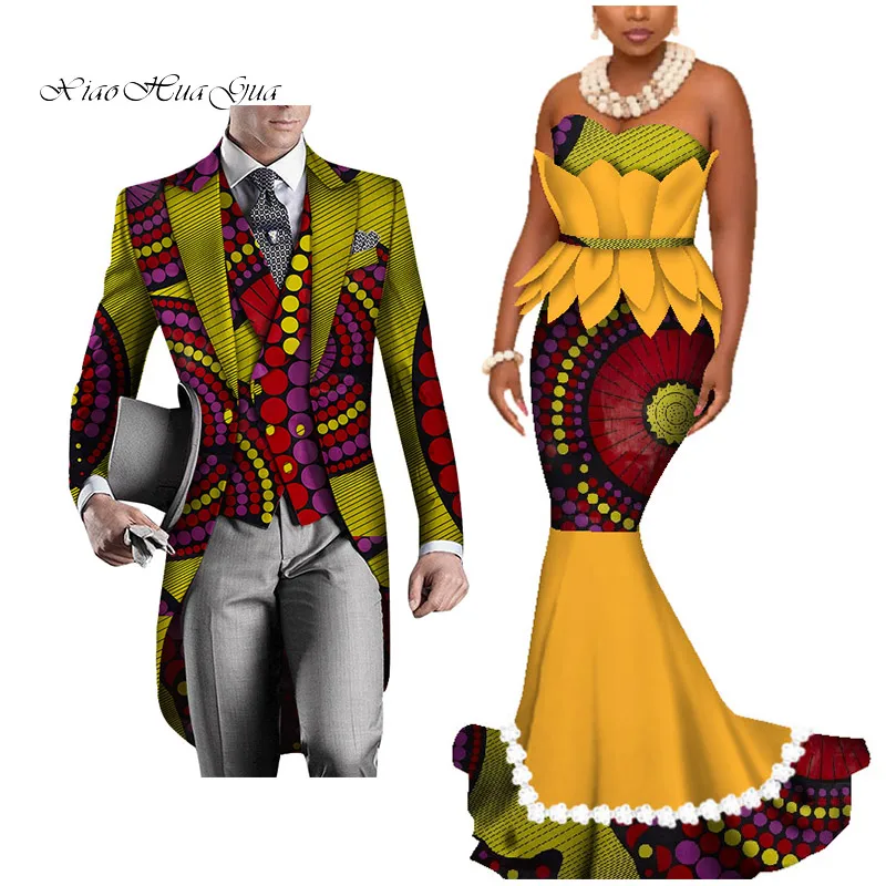 14 Dashiki African Couple Clothing Women's Dress+Men's Blazer&Vest 3 Pieces Set African Mermaid Print Dresses for Couples WYQ425 - Цвет: 14