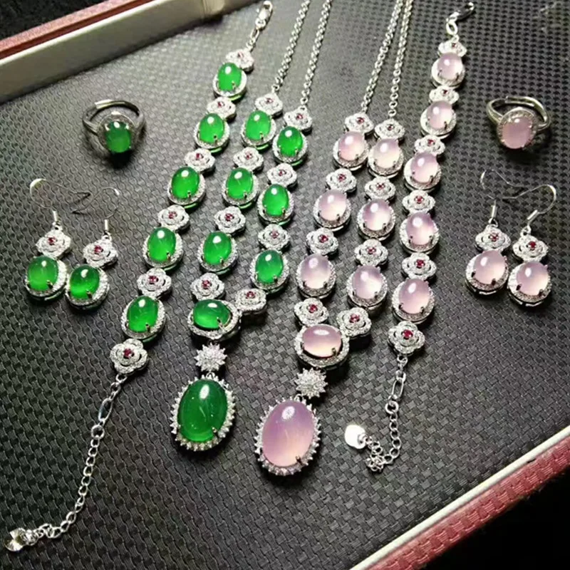 

Natural ice-colored jade myelin evening dress chain 925 silver-encrusted red, yellow and green jade jade four-piece pendant earr