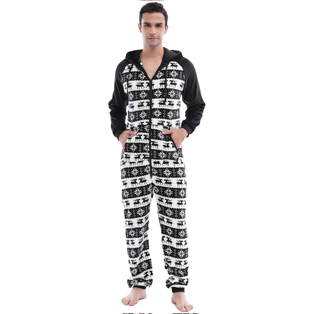 Men Jumpsuit Pajama Warm Fleece Onesie Christmas Elk Print Long Sleeve Pajamas Flannel Zipper Hoodie Leisure Man Onesie Adults
