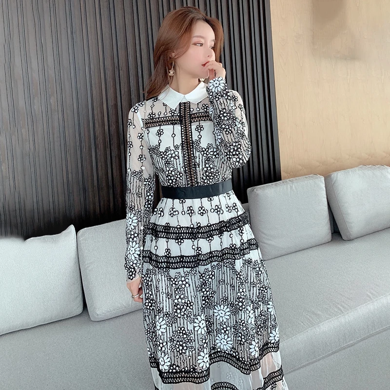 

Runway Designer Sequins Dress Self Portrait Flower Embroidery Mesh Maxi Dress Women Turn Down Collar Party Long Dress 2020 A458