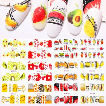 

12pcs Summer Fruit Water Decals Banana Lemon Strawberry Designs Transfer Stickers 3D Stripe Line Flower Wraps Slider Decoration