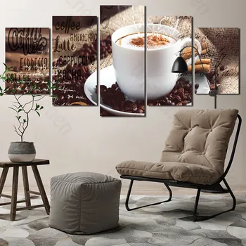 

5Pcs Coffee Theme Canvas Print and Modern Poster Wall Decoration for Cafe Pub Home Living Room Bedroom Mural Frameless Decor