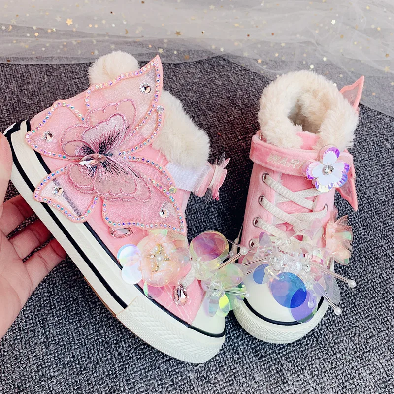 

ULKNN Kids Canvas Shoes Warm Casual Shoes Non-slip Flower Thickened 2020 Winter Children's Plus Velvet Sequined for Girls Pink
