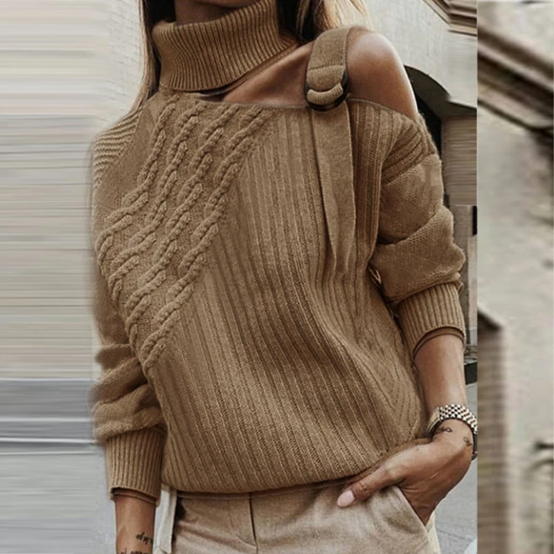 02 Solid Khaki Леопардовый лоскутный вязаный свитер для женщин с открытыми плечами Водолазка Теплые осенние свитера пуловер зимний длинный рукав в полоску ребристые Топы - Цвет: 02 Solid Khaki