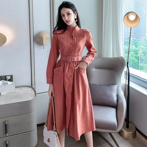 

2019 Autumn And Winter Casual Pocket Women Dress Elegant Long Sleeve Single Breasted Artistic Retro High Waist Dresses