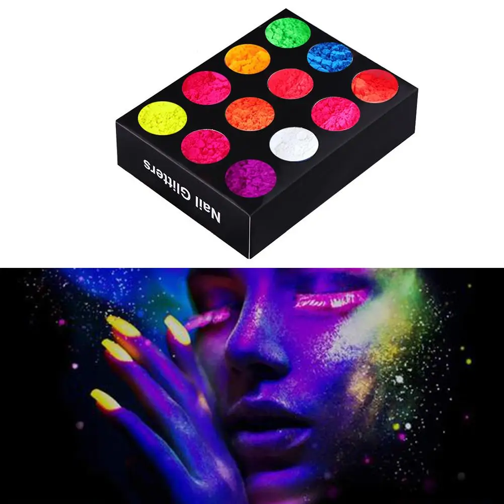 12 Colors Phosphide Powder Nail Decoration Fluorescent Glitter Pigment Glitter UV Powder Gel Polishing Suit Nail Art Decor Mani