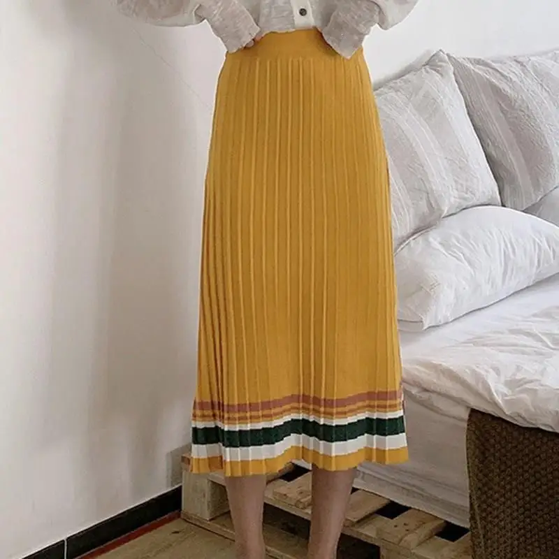 Осенние плиссированные свитеры юбки с эластичной талией, женские вязаные юбки в полоску, Женская Повседневная плотная Зимняя юбка в полоску