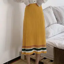 Осенние плиссированные свитеры юбки с эластичной талией, женские вязаные юбки в полоску, Женская Повседневная плотная Зимняя юбка в полоску