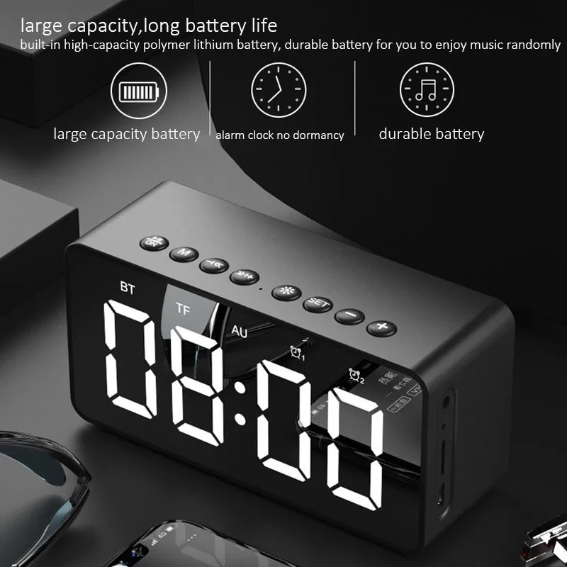BT506 портативный Bluetooth Сабвуфер беспроводной стерео динамик Поддержка TF карты aux Часы Будильник Мини Зеркало Bluetooth динамик