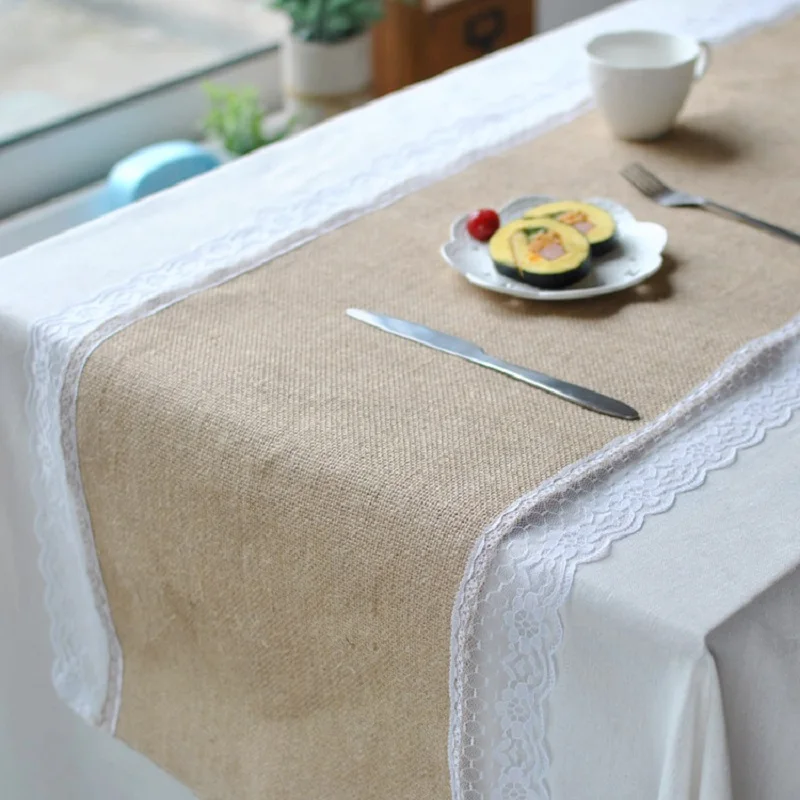 

Lace Jute Table Runner Tablecloth Desk Cover Wedding Home Decorations Heat Insulation Bowl Pad Table Mat 30x275cm
