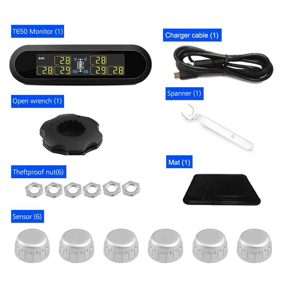 T650-Wireless солнечной энергии TPMS система мониторинга давления в шинах RV грузовик с 6 внешними датчиками дисплей давления и температуры