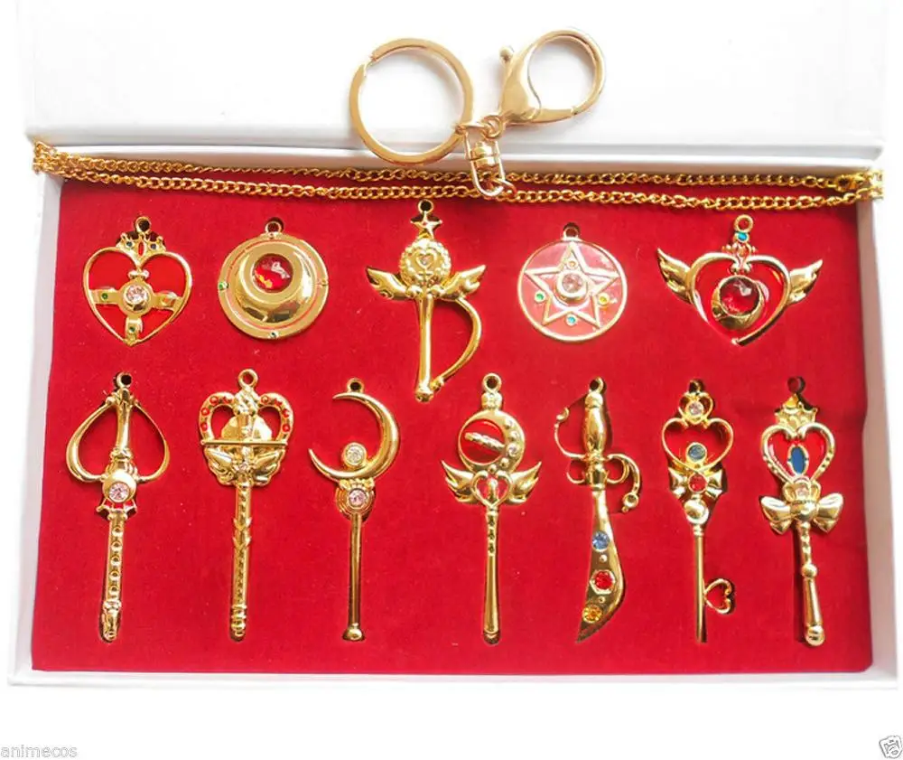 Сейлор Мун брелок кольцо кулон ожерелье Pretty Guardian Косплей x12pcs оружие реквизит золото серебро - Цвет: Gold