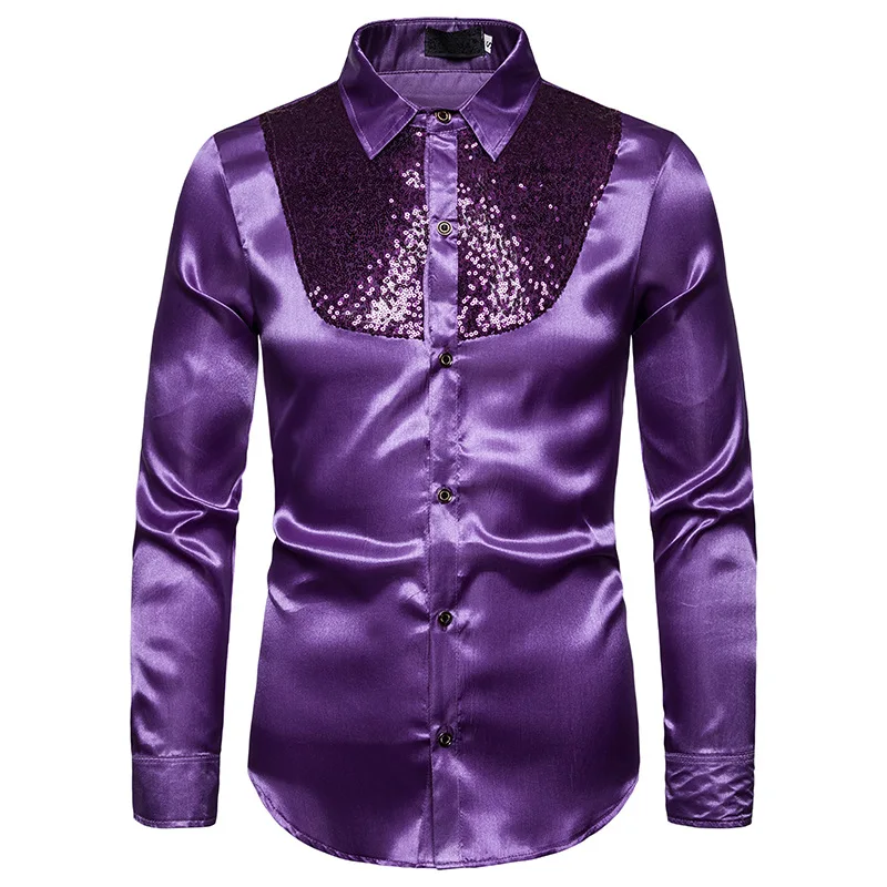 

Mens 70s Disco Costume Shirt Purple Sequins Long Sleeve Button Down Dress Shirts Men Party Stage Singer Prom Chemise Homme XXL