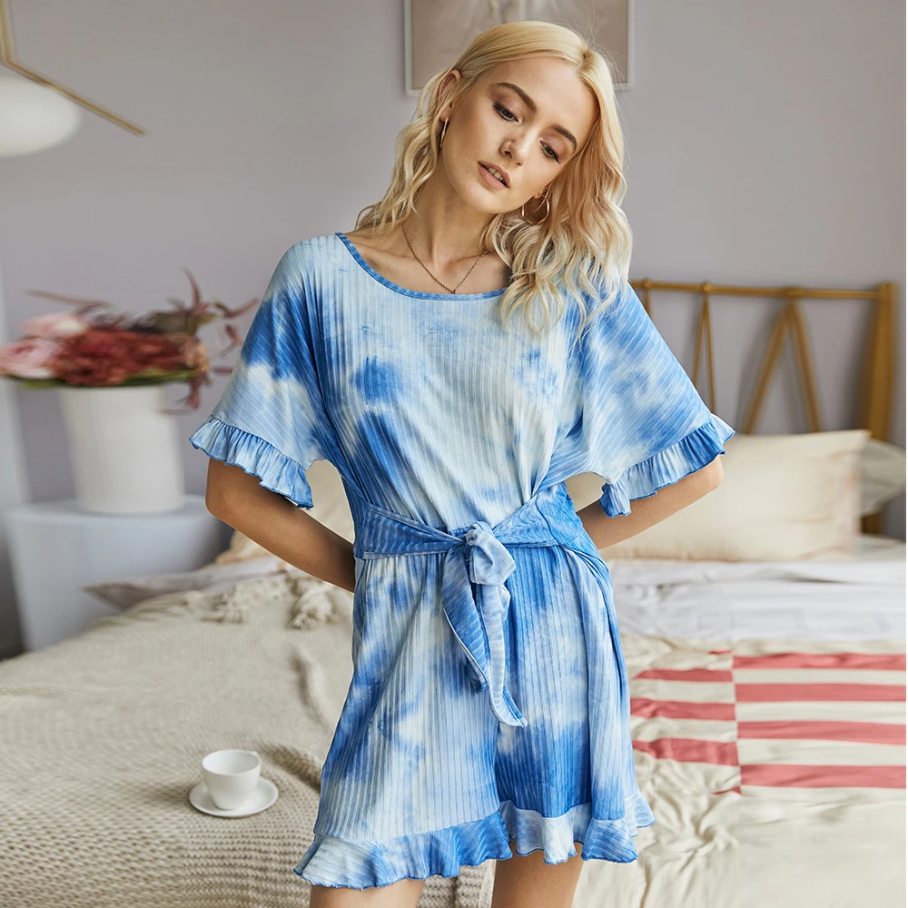 

2020 New Summer Loose Mono Print Playsuits Women Casual Ruffles Lace Up Playsuits