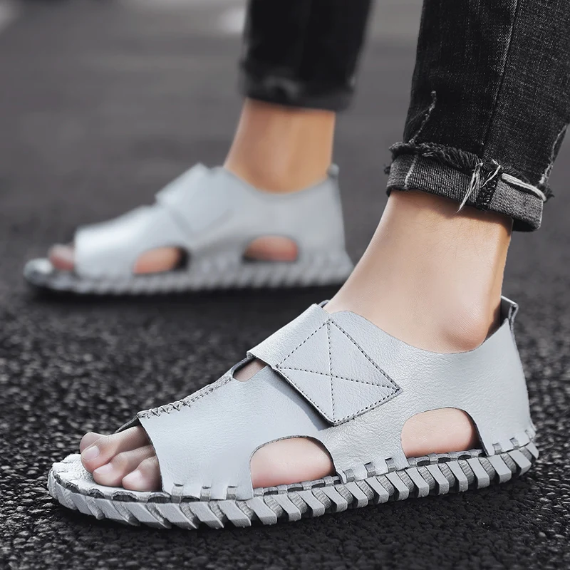 

Casual Italian sandals Waterproof Men Leather Summer Black handmade sewing Strap Water breathable Fashion Designer Flat Shoes