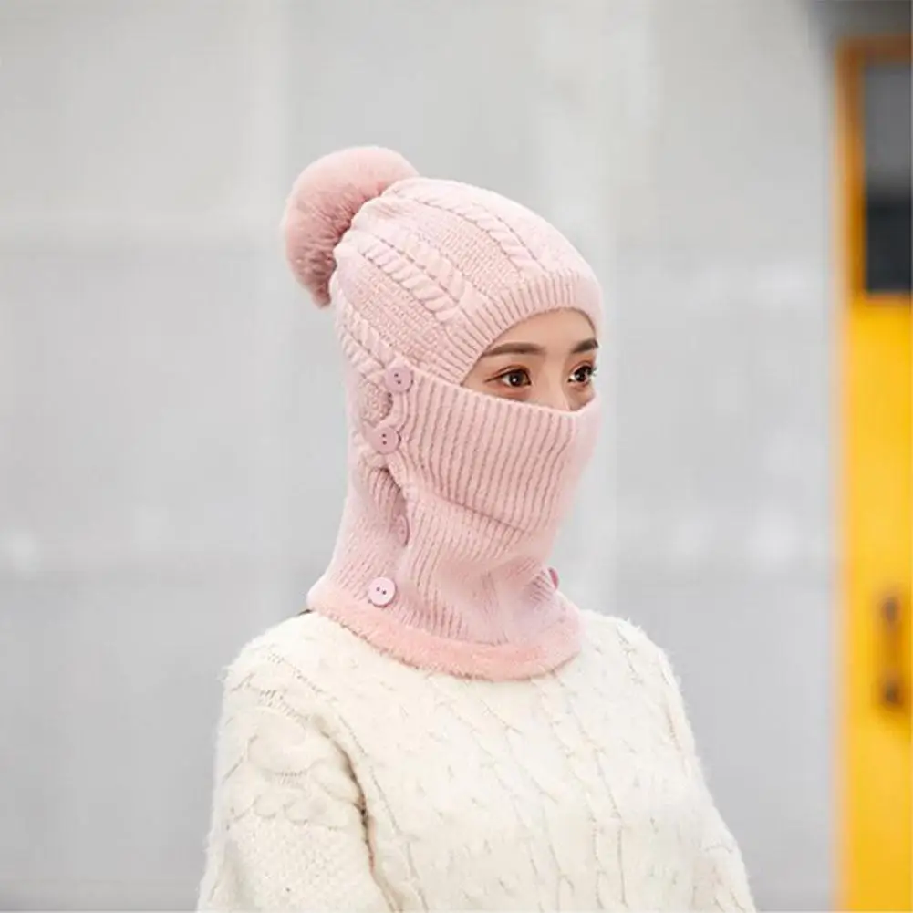 MISSKY Lady Warm One-piece Women Hat-Mask-Scarf Winter Thicken Knitting Wool Ball Riding Outdoor Beanies For Female