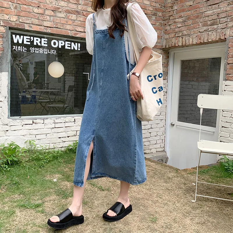 

SML 2Colors Korean style women straps Long denim dess female Sleeveless Sundress Overalls Girl jeans tank dress women 2024(78673