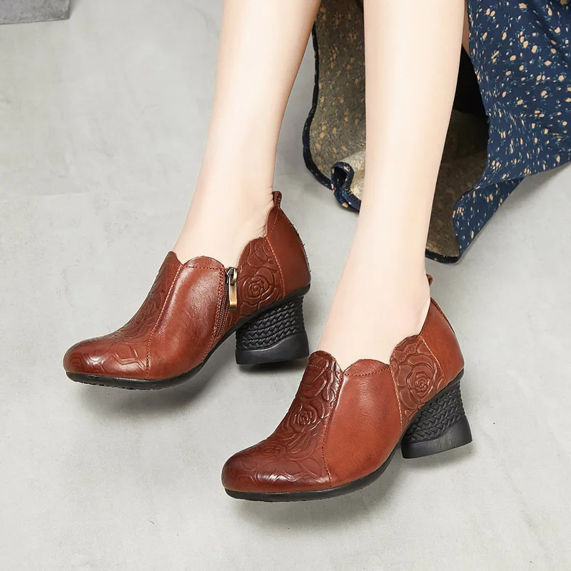 

2019 Spring Handmade Genuine Leather Retro Semi-high Heeled Shoes round-Toe Decorative Pattern Deep Mouth WOMEN'S Shoes Mom Shoe