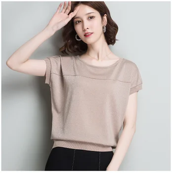 

Women Summer Knitted T-shirt short sleeve basic tops plus size glitter knit tops v neck shiny Female Basic Tops Ice Silk t-shirt