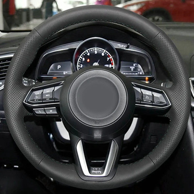 Черный кожаный сшитый вручную чехол рулевого колеса автомобиля для Mazda CX-3 CX3 CX-5 CX5 автомобильные аксессуары Чехлы