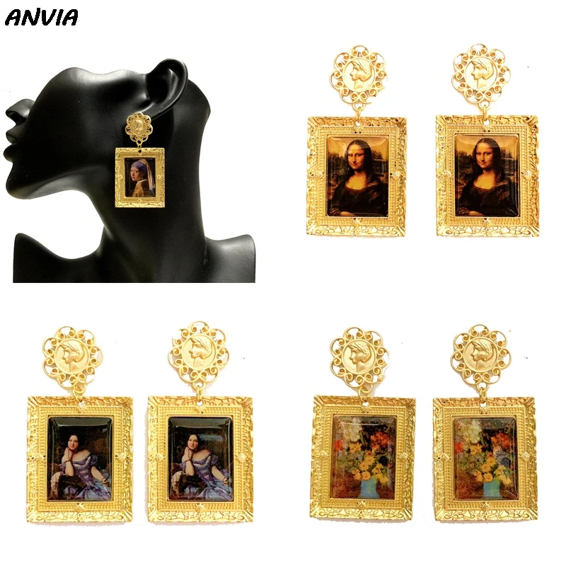 Популярные Mona Lisa Винтажные висячие серьги для женщин Vermeer известные аксессуары для рисования барокко преувеличенные Висячие вечерние серьги