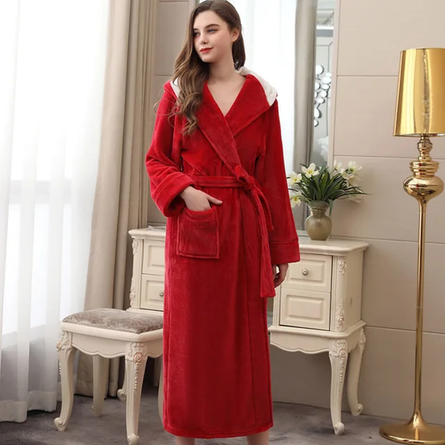 woman red Фланелевый теплый халат, парный халат, кимоно, Осень-зима, толстая Пижама, халат для женщин и мужчин, Пижама, халат с шапочкой - Цвет: woman red