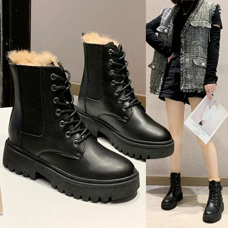 

Fur Lining Winter Warm Boots for Women & Ladies, Women's PU Leather Chaussures Femme Short Fashion Black Snow Boots