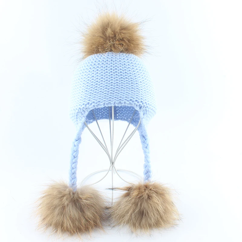 BABY Real Fur Pompom Knitted Beanies Winter Warm Hats For Fids Natural Fur Ball Caps Children Ear Cap carhartt bomber hat