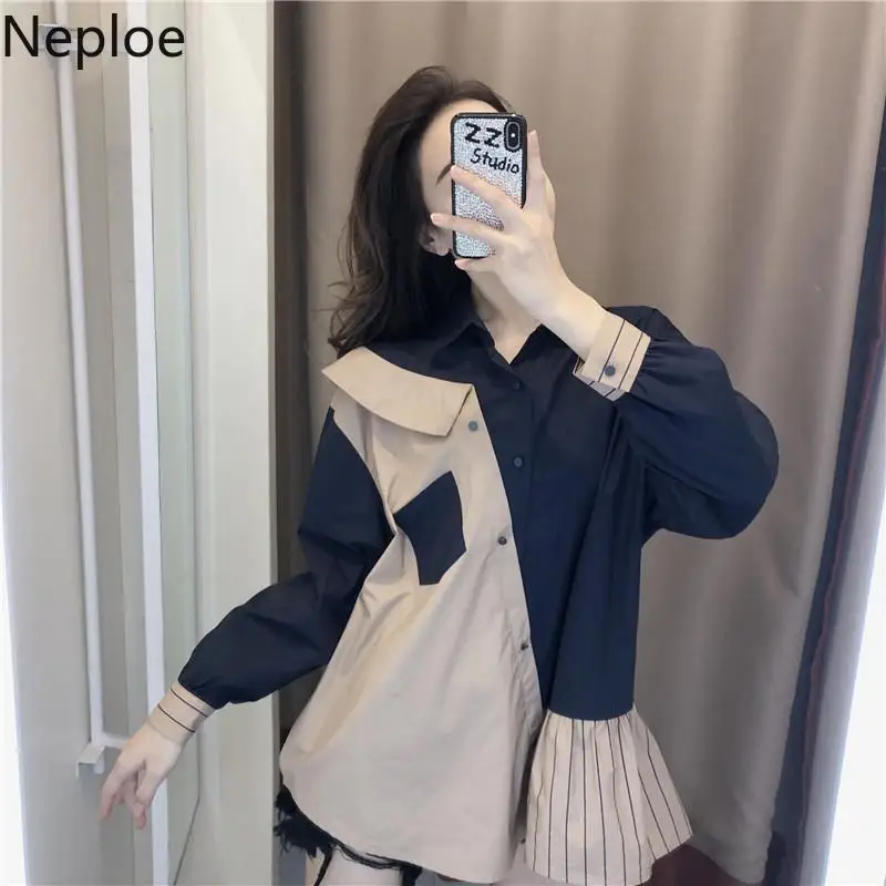 Neploe Contrast Color Patchwork Striped Blouse Autumn Spring New Retro Single Breast Pocket Blusas Pleated Loose Shirt48215