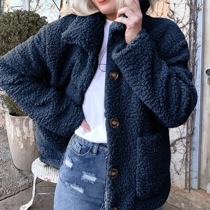 Chaquetas mujer, новинка, Женский флисовый кардиган, теплая куртка, куртка женская, топ с отворотом, длинный рукав, одноцветная куртка на пуговицах