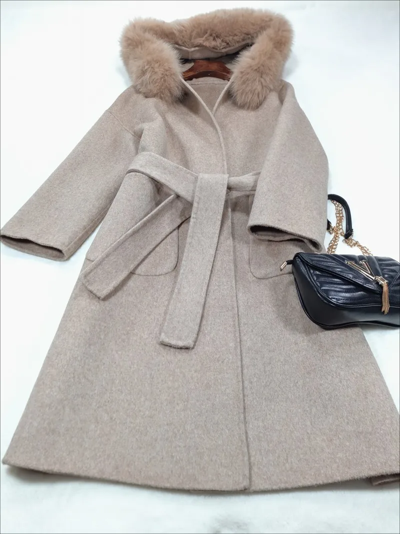 Отличное качество, двухсторонние кашемировые шерстяные куртки, женские большие теплые шерстяные куртки с натуральным лисьим меховым воротником и капюшоном F465